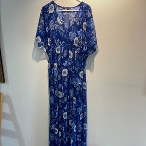 Tommy Hilfiger Blue and White V-Neck Maxi Dress with 3/4 Dolman Sleeves
